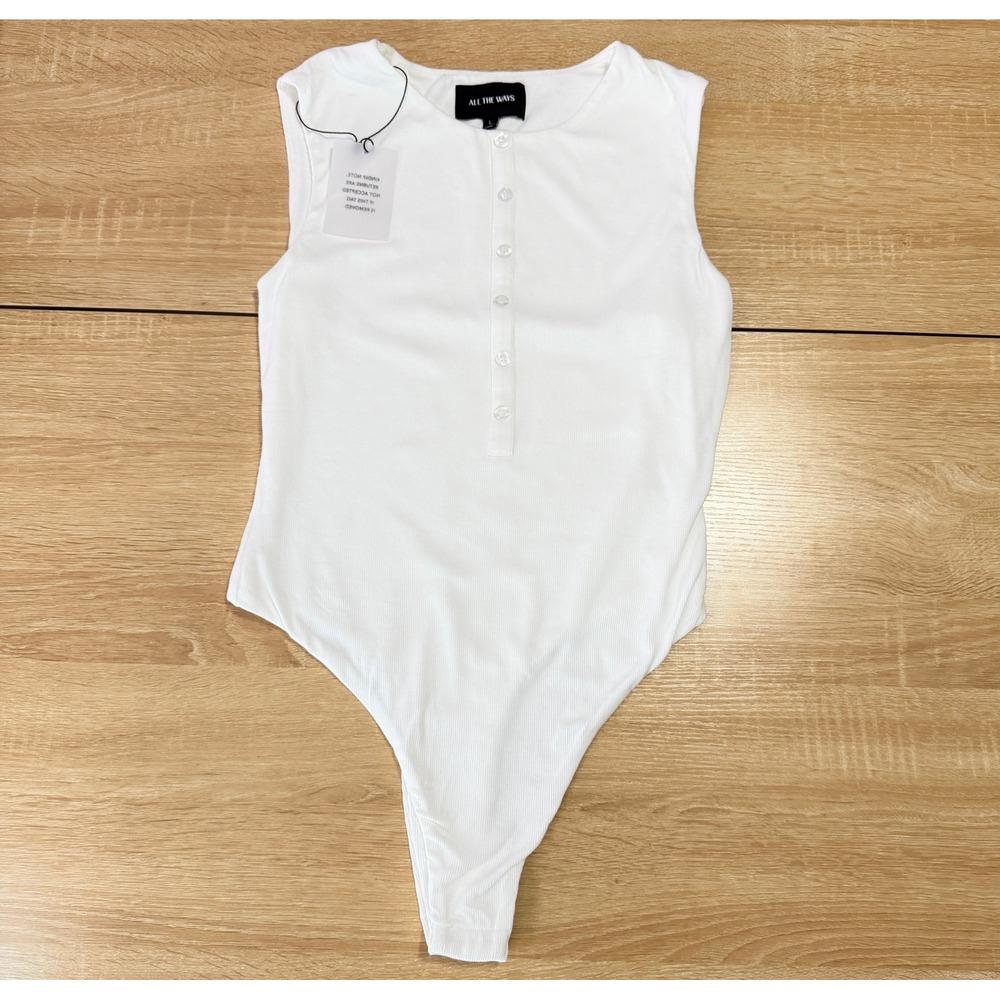 ALL THE WAYS Tamara Ribbed Henley Bodysuit White NWOT Size Large